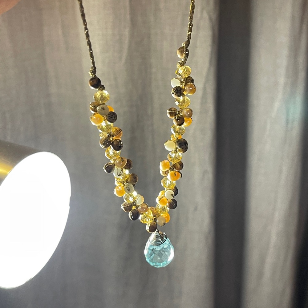 y2k semiprecious lariat Y necklace with round beads clear blue‎ glass pendant